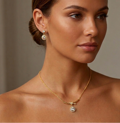 Gold plated Halo Crystal Pendant Necklace and Stud Earring Set
