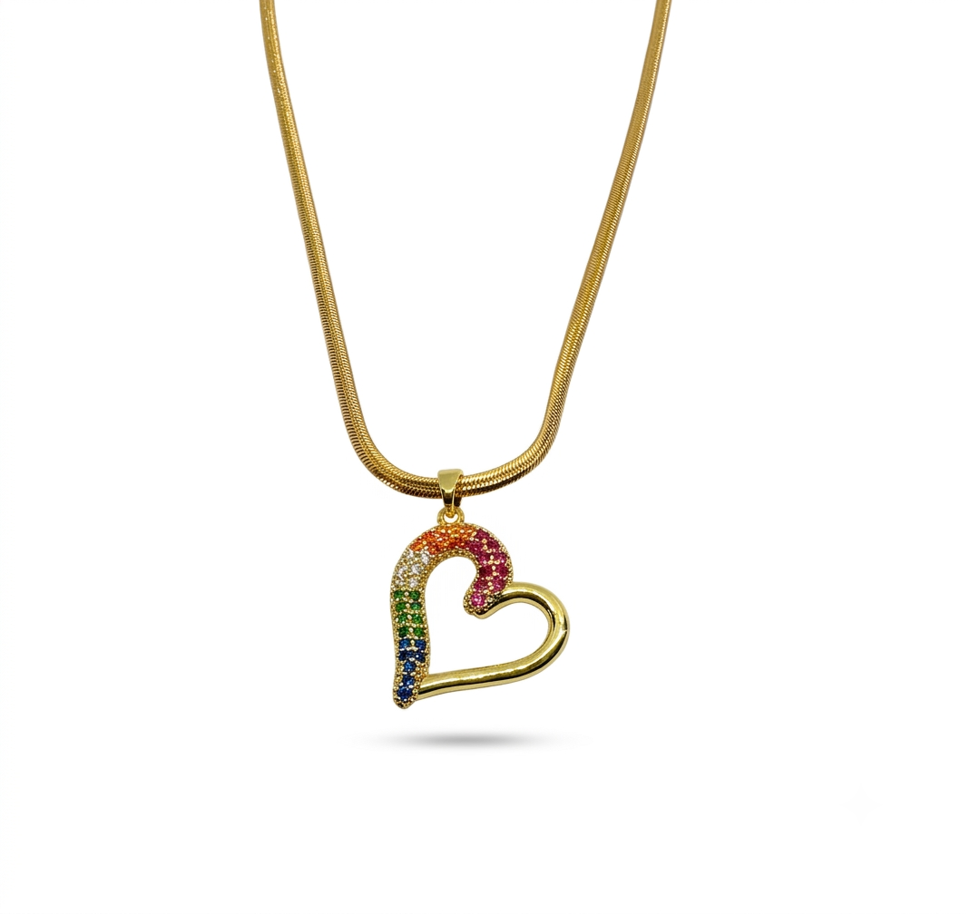 Multi-Color Pavé Heart Necklace on Flat Gold Plated Chain