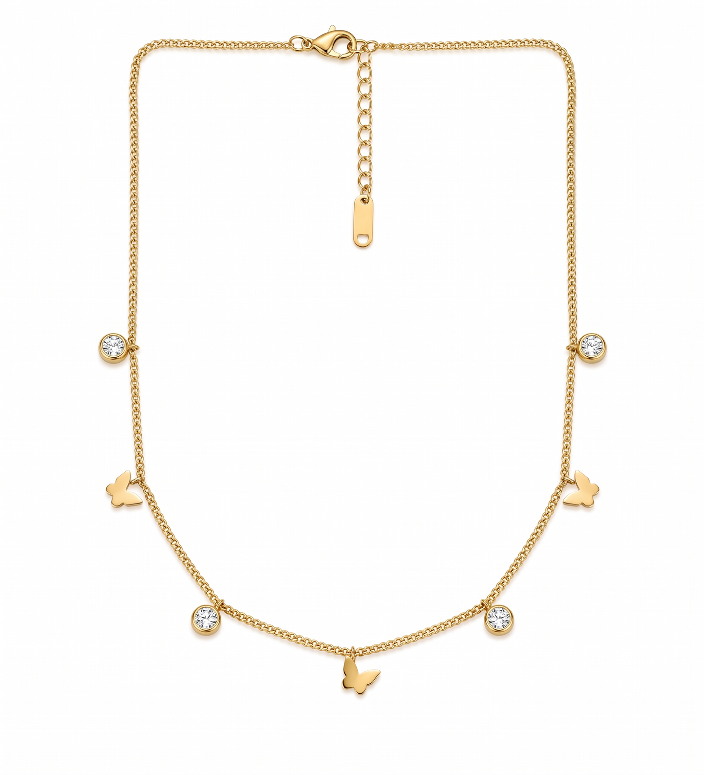 Gold Butterfly and Round Crystal Dainty Necklace