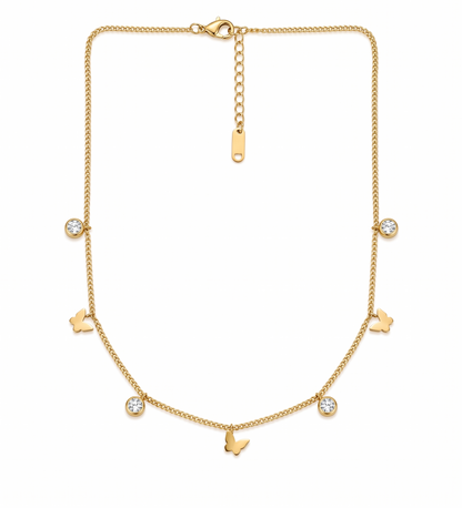 Gold Butterfly and Round Crystal Dainty Necklace