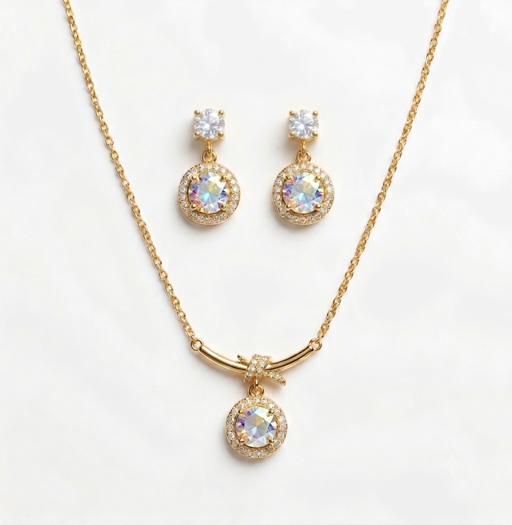 Gold plated Halo Crystal Pendant Necklace and Stud Earring Set