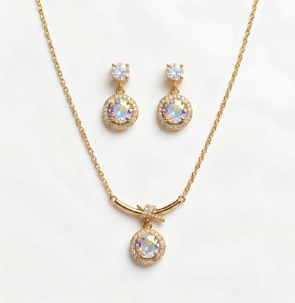 Gold plated Halo Crystal Pendant Necklace and Stud Earring Set