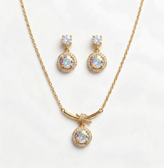 Gold plated Halo Crystal Pendant Necklace and Stud Earring Set
