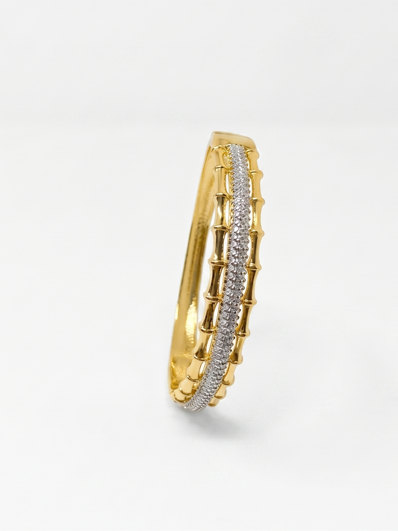 Gold Plated Textured Bamboo Stackable Bangle with Diamonds