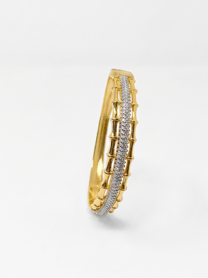 Gold Plated Textured Bamboo Stackable Bangle with Diamonds