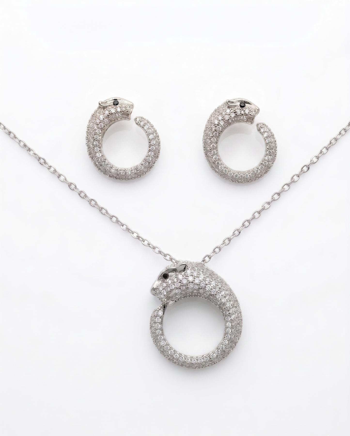 Silver-Plated Pavé Crystal Panther Disc Pendant Necklace & Earrings Set