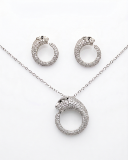Silver-Plated Pavé Crystal Panther Disc Pendant Necklace & Earrings Set