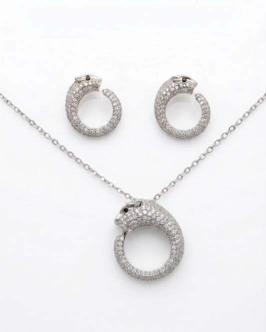 Silver-Plated Pavé Crystal Panther Disc Pendant Necklace & Earrings Set