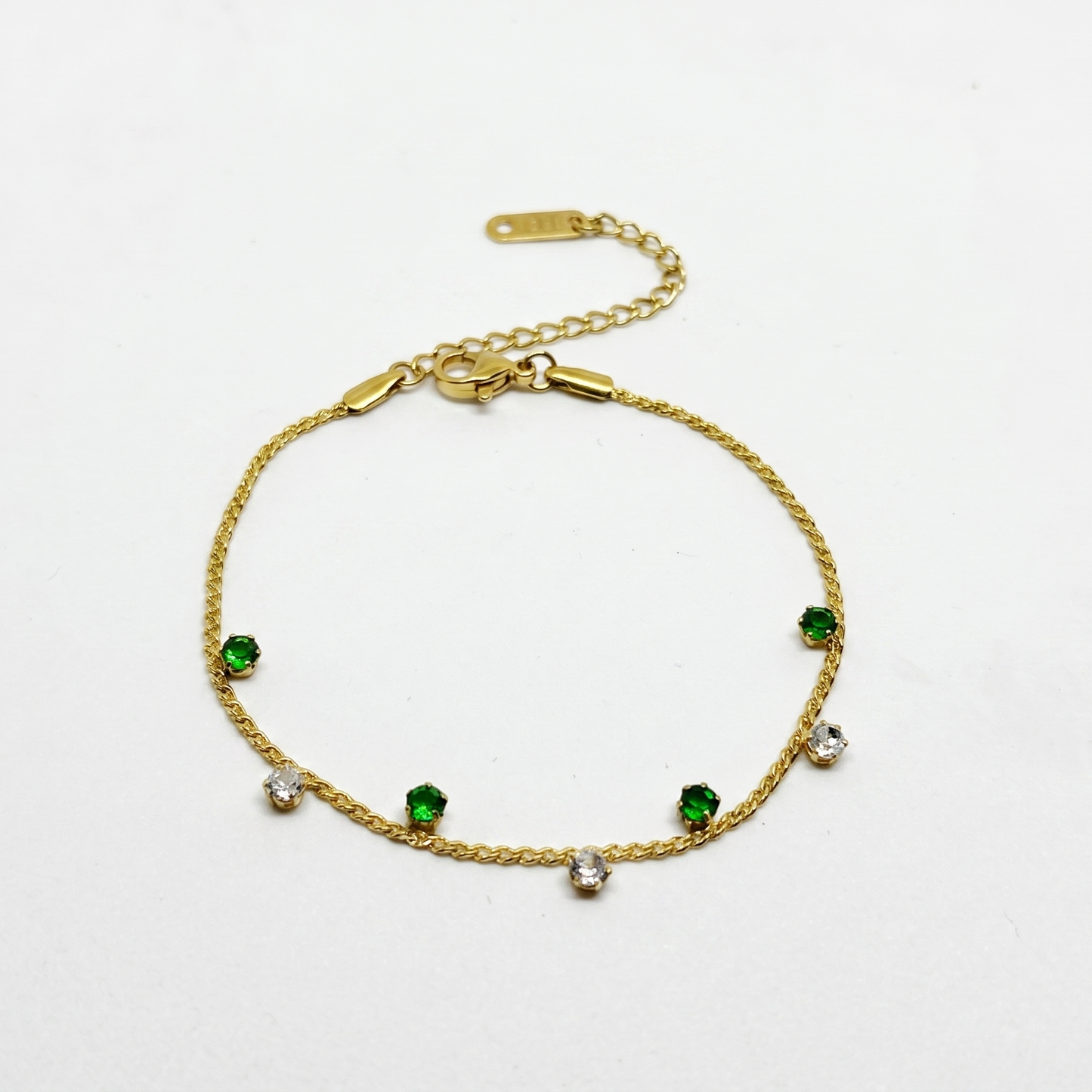 Delicate Gold Chain Bracelet with Alternating Green and White Crystals