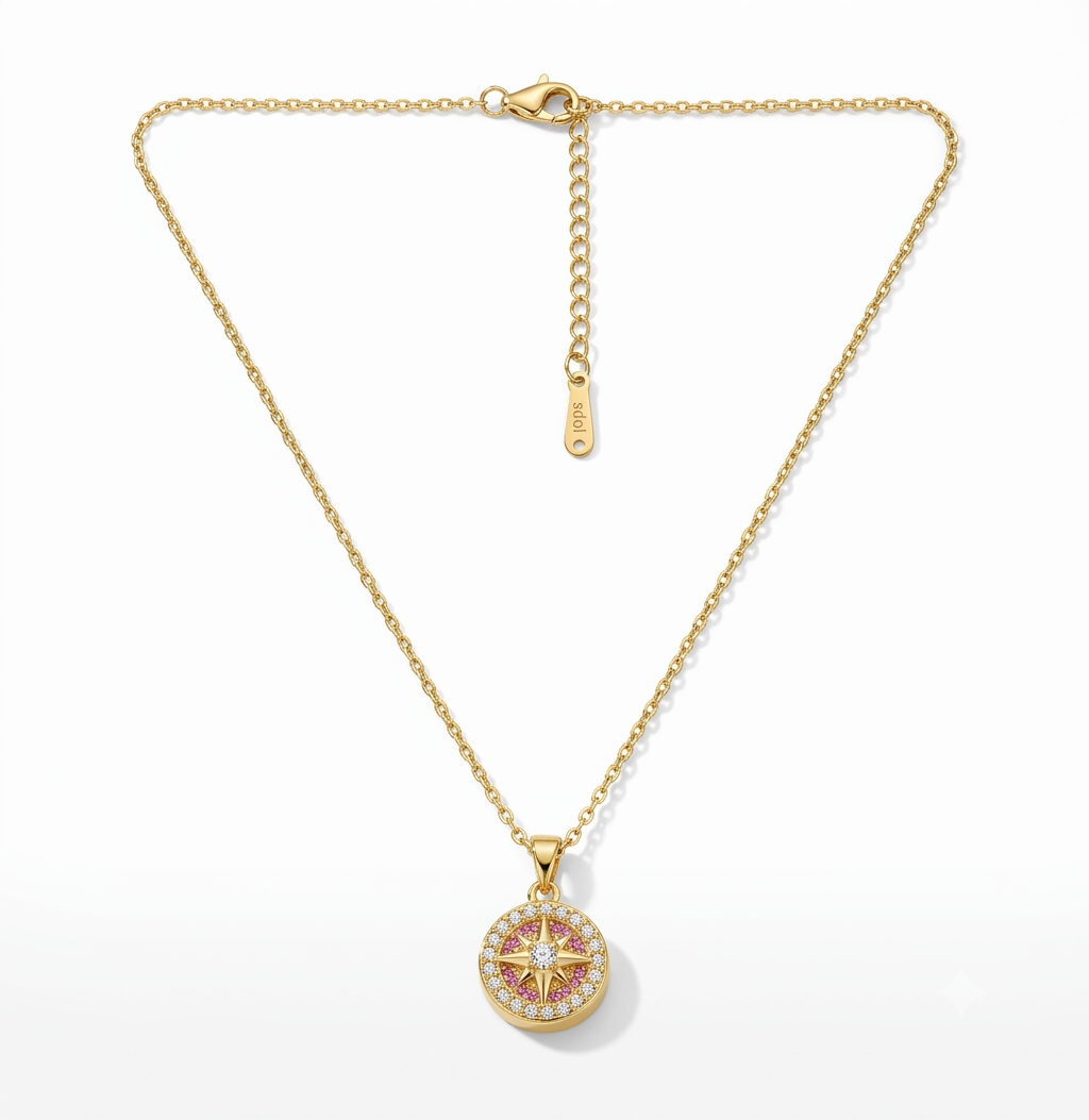 Gold Plated Compass Pendant Necklace with Crystal Accents
