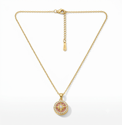 Gold Plated Compass Pendant Necklace with Crystal Accents