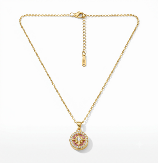 Gold Plated Compass Pendant Necklace with Crystal Accents