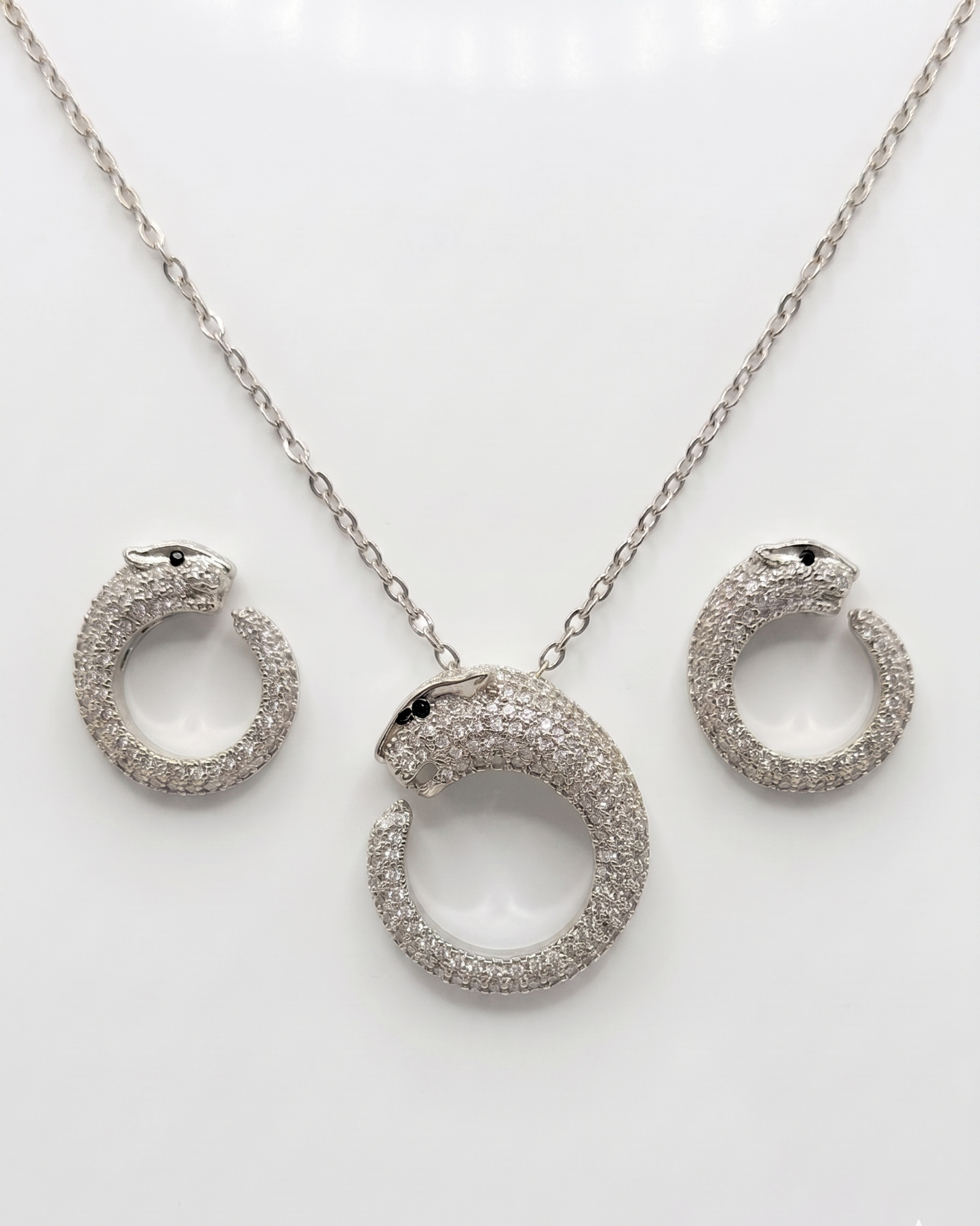 Silver-Plated Pavé Crystal Panther Disc Pendant Necklace & Earrings Set