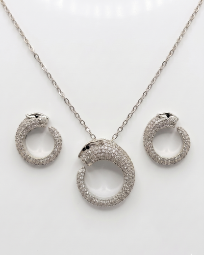 Silver-Plated Pavé Crystal Panther Disc Pendant Necklace & Earrings Set