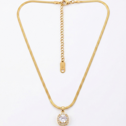Gold Plated Square Halo Pendant on Herringbone Chain