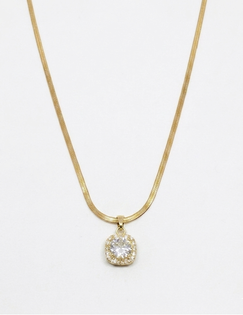 Gold Plated Square Halo Pendant on Herringbone Chain