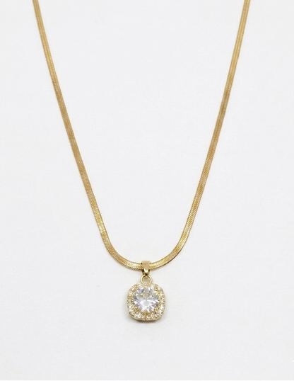 Gold Plated Square Halo Pendant on Herringbone Chain