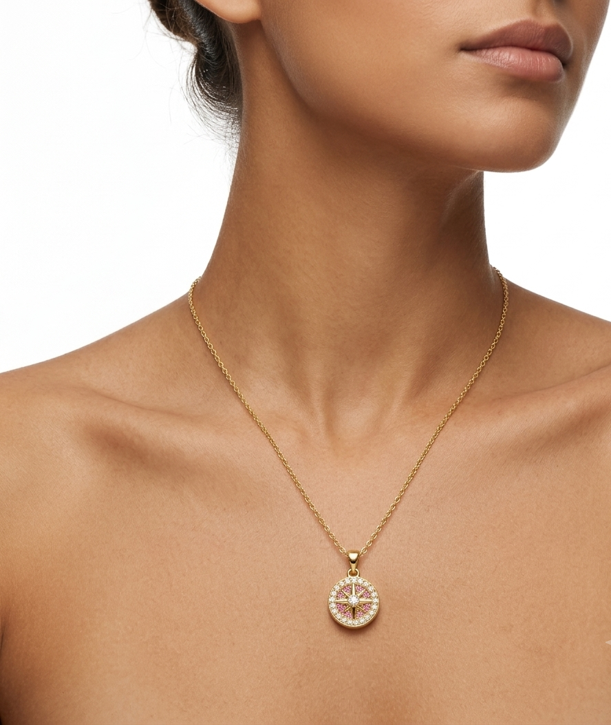 Gold Plated Compass Pendant Necklace with Crystal Accents