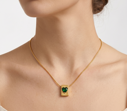 Gold Plated Green Crystal Heart Vintage Necklace