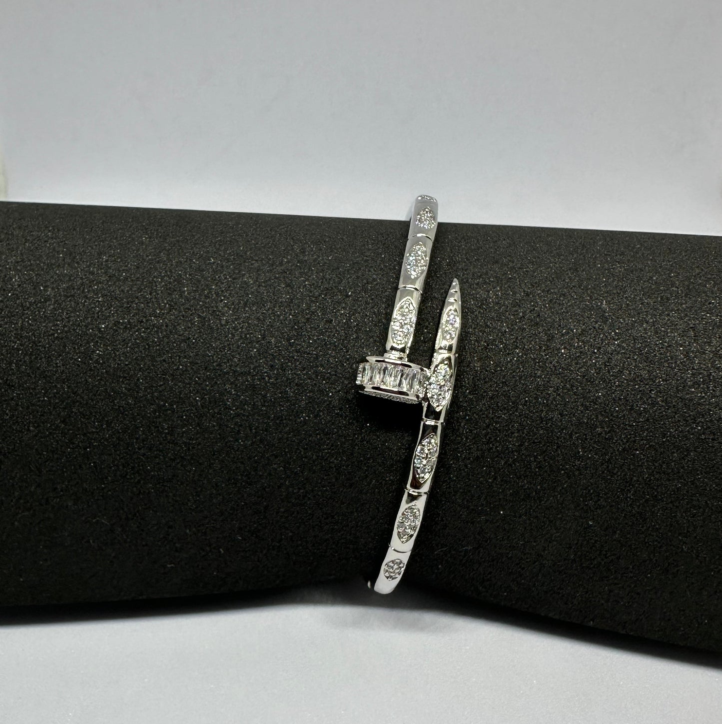 Crystal Accented Nail Bangle - Silver
