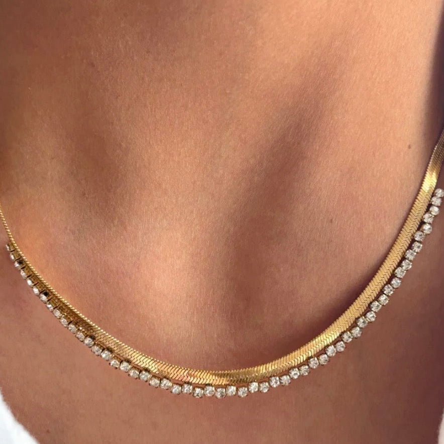 Layered Look Gold Flat Snake Chain and Rhinestone Necklace