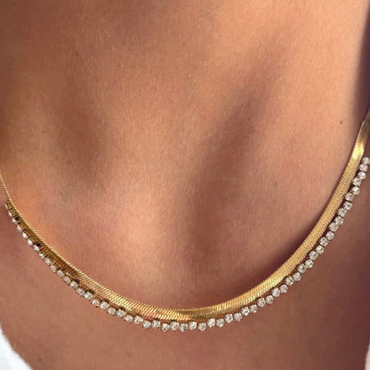 Layered Look Gold Flat Snake Chain and Rhinestone Necklace