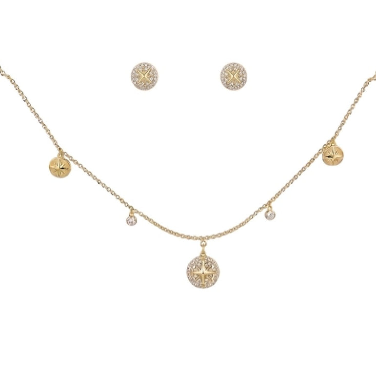 Gold Plated North Star Disc Necklace And Earring Set