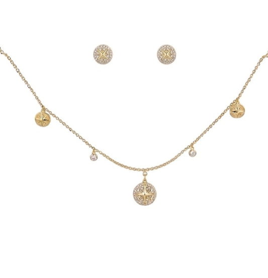 Gold Plated North Star Disc Necklace And Earring Set