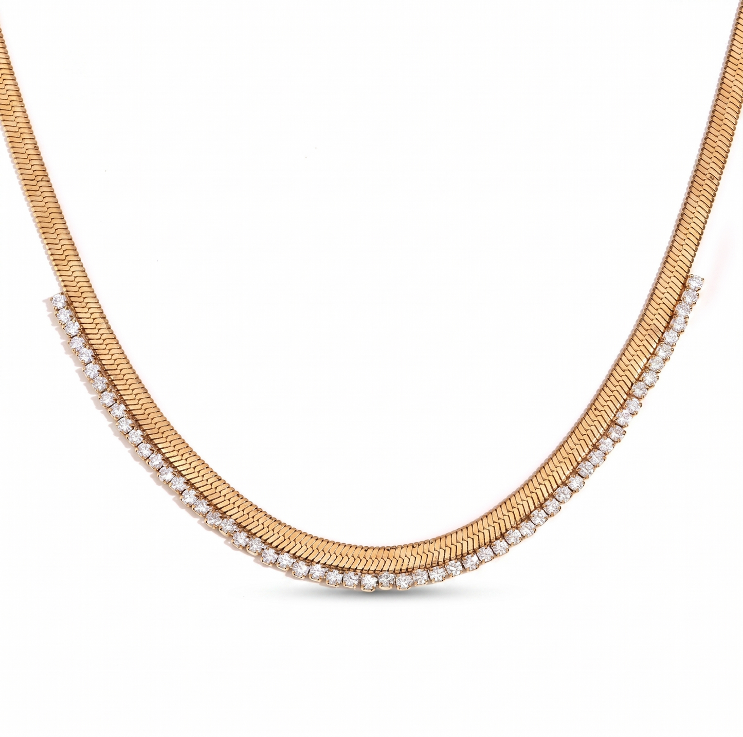 Layered Look Gold Flat Snake Chain and Rhinestone Necklace