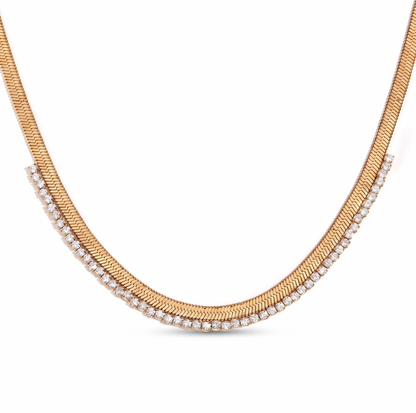 Layered Look Gold Flat Snake Chain and Rhinestone Necklace