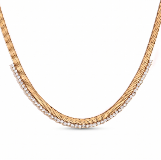 Layered Look Gold Flat Snake Chain and Rhinestone Necklace