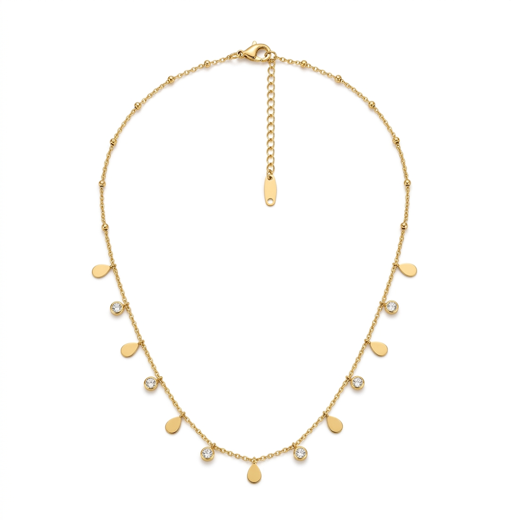 Gold Teardrop and Solitaire Crystal Station Necklace